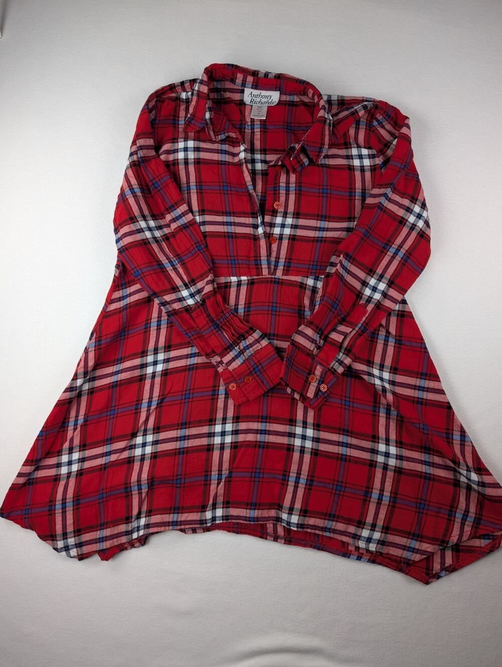 Anthony Richards Red Plaid Cotton Tunic Dress Women’s 8P Long Sleeve